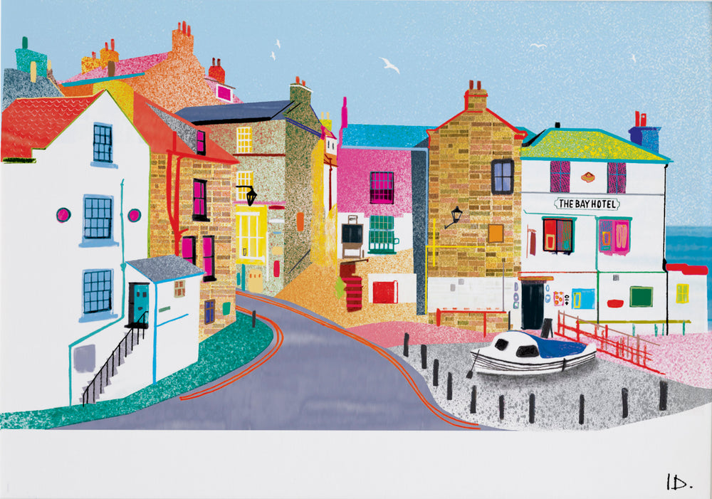 A Robin Hood’s Bay art print designed by Ilona Drew, for sale in the Jessica Hogarth Shop.