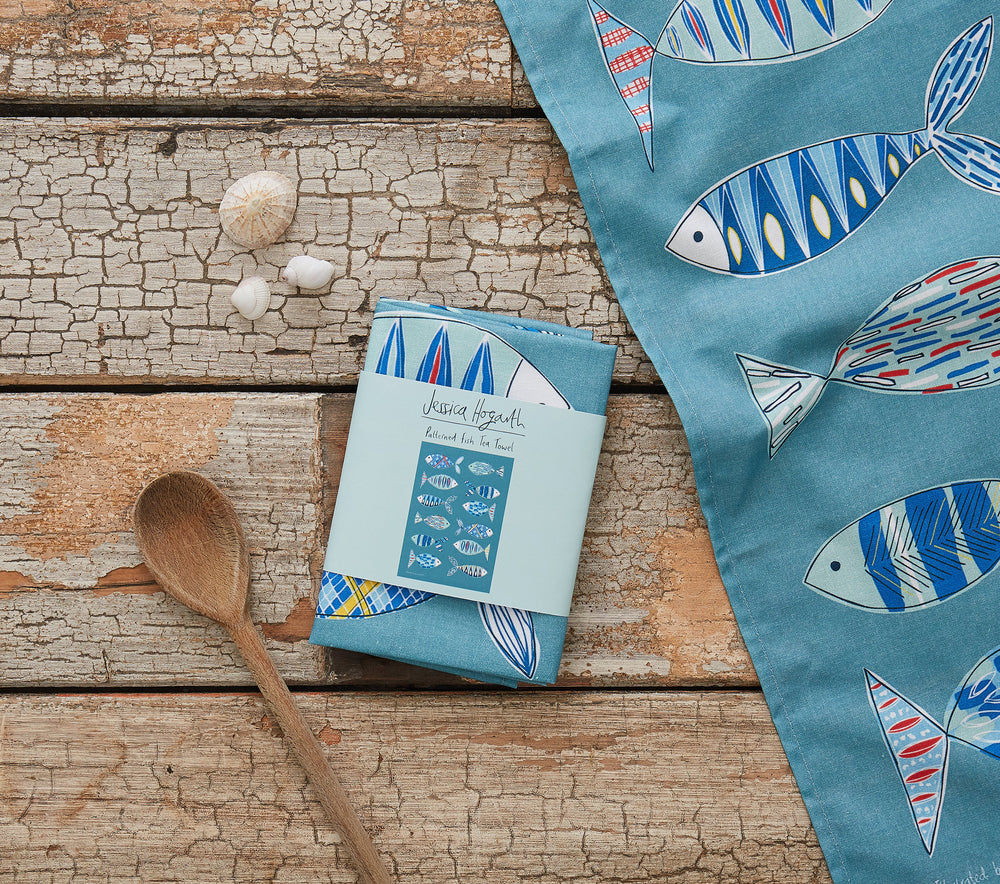 
                  
                    Load image into Gallery viewer, A blue fish tea towel from Jessica Hogarth Shop
                  
                