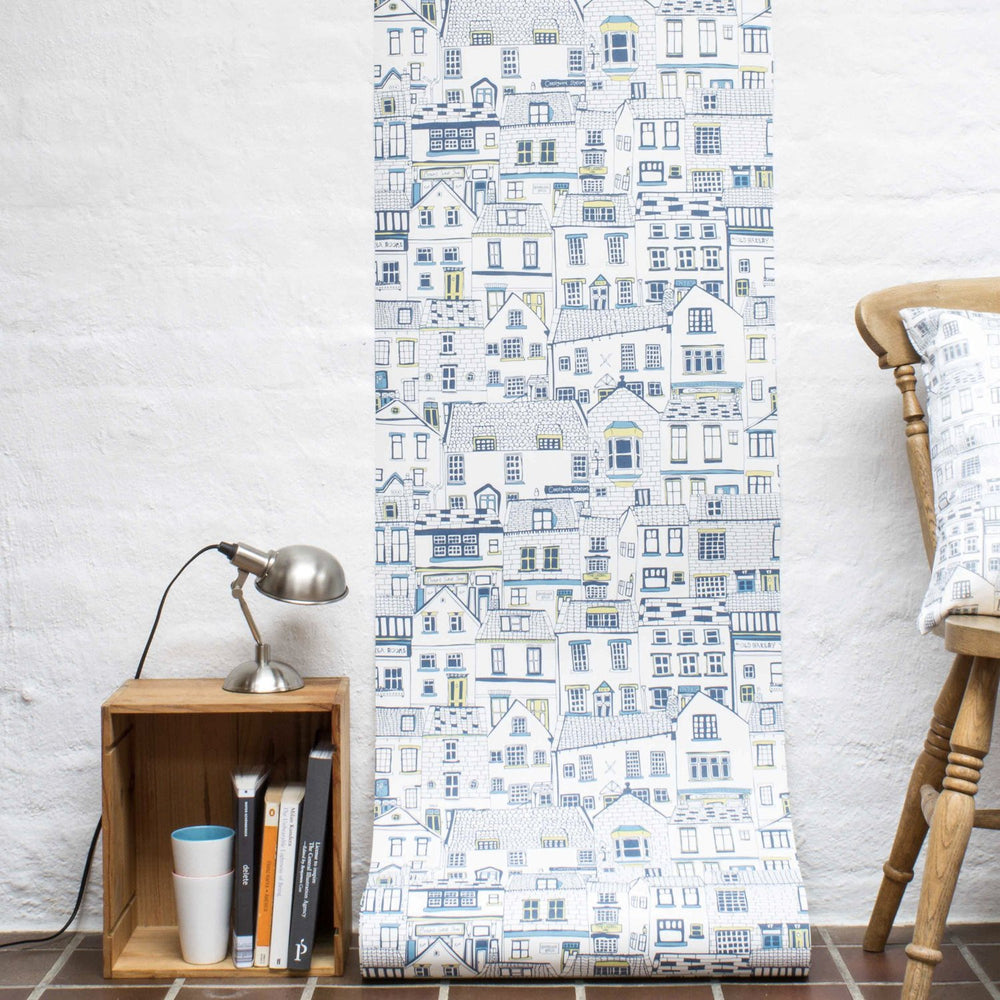 Coastal Cottages Wallpaper Sample - Yellow & Blue
